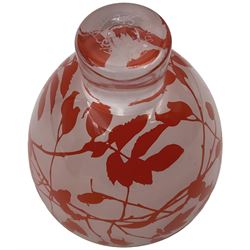 Gillies Jones of Rosedale glass bowl decorated with orange buds with orange rim, upon a short clear tapering foot, signed to base, H13cm D15cm