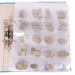 Great British pre-1947 silver coins, including two shillings, four florins, and two half crowns, and further pre decimal coins, in blue ring binder folder