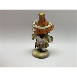 A Royal Crown Derby Mansion House dwarf, wearing 17th century cavalier costume, with floral waistcoat and hat detailed with play bill of the Theatre Royal, Haymarket, H18cm, with printed mark beneath and signed S.whitbread, with makers box. 