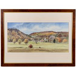 George 'Griff' Griffiths (British 1939-2017): 'Hackness Church from Hackness Park' 'Hackness Hall Lake Towards Langdale End' and 'Hackness Hall', triptych of watercolours signed Griff and dated '94, max 26.5cm x 54cm (3)