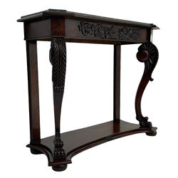 19th century Irish mahogany console table, with green canted marble top and figured frieze with carved scrolled foliage mount, acanthus carved cabriole supports with claw feet and shaped moulded plinth
