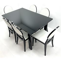 Ponsfords Sheffield Italian black gloss and glass extending dining table, rectangular supports (W220cm & 140cm, H77cm, D90cm) and set six chairs black and white dining chairs (W48cm)