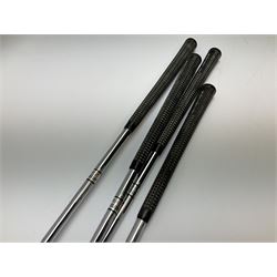 Golf - three early 20th century hickory shafted irons marked R. Simpson, Harrods Ltd etc; child's wooden shafted putter; two transitional wood grain steel shafted irons, one marked Tom Morris; and set of four Macgregor Tommy Armour woods (10)