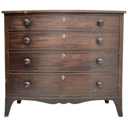 George III mahogany bow-front chest, crossbanded top with satinwood stringing, fitted with four graduating cock-beaded drawers, each with bone shield shaped escutcheons and turned handles, shaped apron flanked by splayed feet
