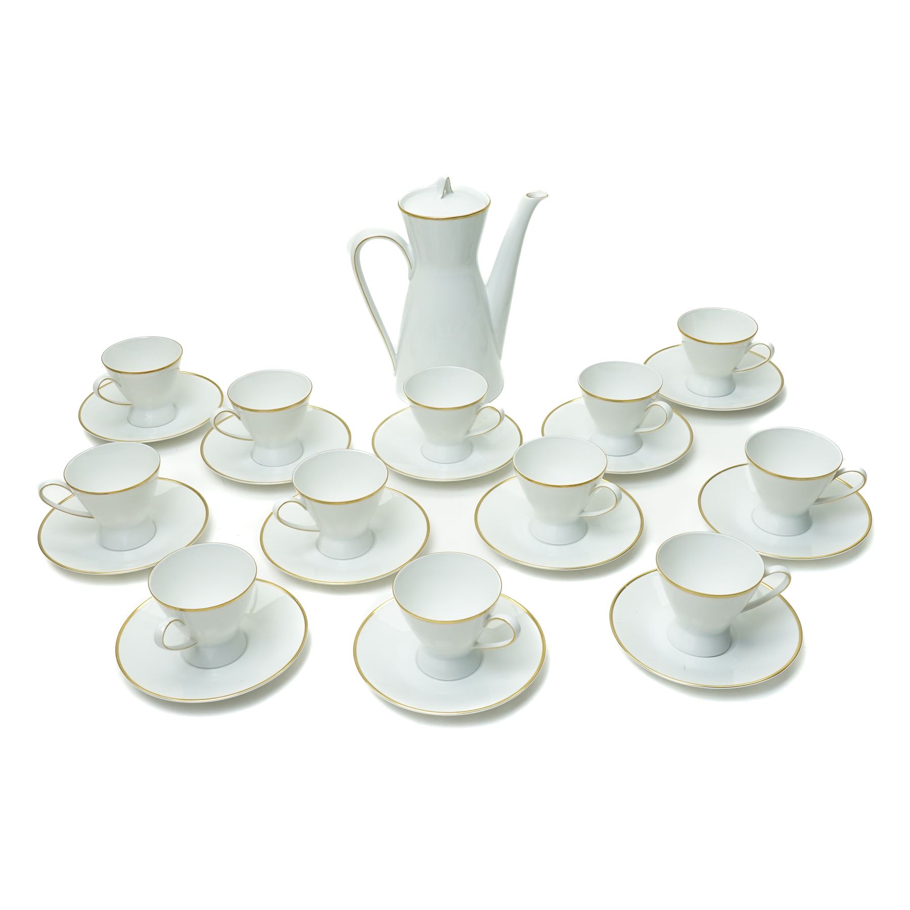  Rosenthal - mid-20th century 'Form 2000' coffee set  with gilt rims comprising twelve cups and saucers and coffee pot