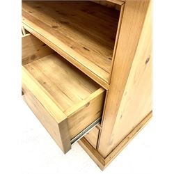 Solid pine dresser single open shelf above four drawers, plinth base