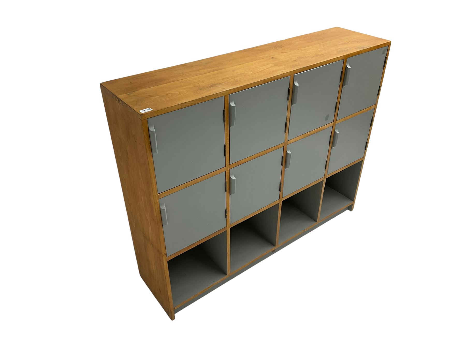 Esavian - mid-20th century school gym locker, fitted with eight cupboards and four open compartments