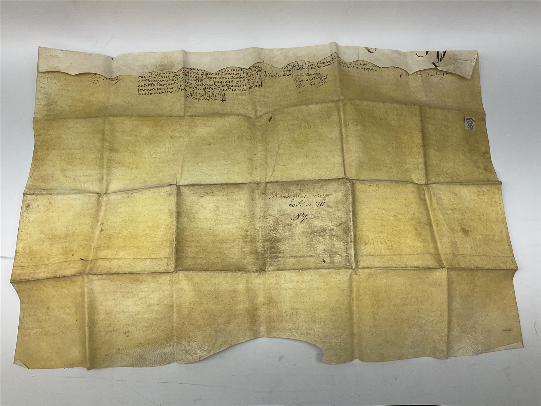 Three 17th/18th century manuscript deeds on vellum relating to properties in Bowling Alley Lane, Hull - one dated 16/12/1689 with seal 44 x 65cm; mortgage dated 20/2/1711 56 x 74cm; and assignment of mortgage dated 5/5/1727 with seal; all folded (3)