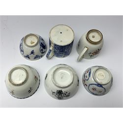 Group of 18th and early 19th century tea wares, to include a late 18th century Chelsea-Derby coffee cup, decorated with floral sprays and sprigs, with gold mark beneath H6.5cm, blue and white tea bowl and saucer decorated with figures within a quatrefoil panel, blue and white coffee can decorated with pagodas, fence and stylised trees, etc. 