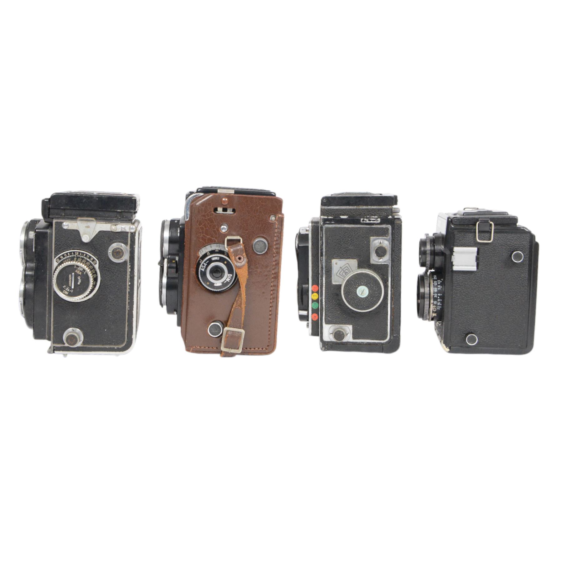 Four medium format TLR cameras, comprising Zeiss Ikon Ikoflex serial no. TD17003 with Tessar 1:3.5 f=7.5cm and Teronar Suchar-Anastigmat 1:3.5 f=7.5cm lenses, Franke & Heidecke Rolleiflex serial no. 1164037 with Tessar 1:2.8 f=80mm and Heidoscop-Anastigmat 1:2.8 f= 80mm lenses, Yashica-Mat Copal MXV serial no. MT 2050640 with Yashinon 1:3.5 f=80mm and View-Yashinon 1:3.2 f=80mm lenses and a Lomo Lubitel 166B serial no. 83169658 with T-22 4.5/75 lenses