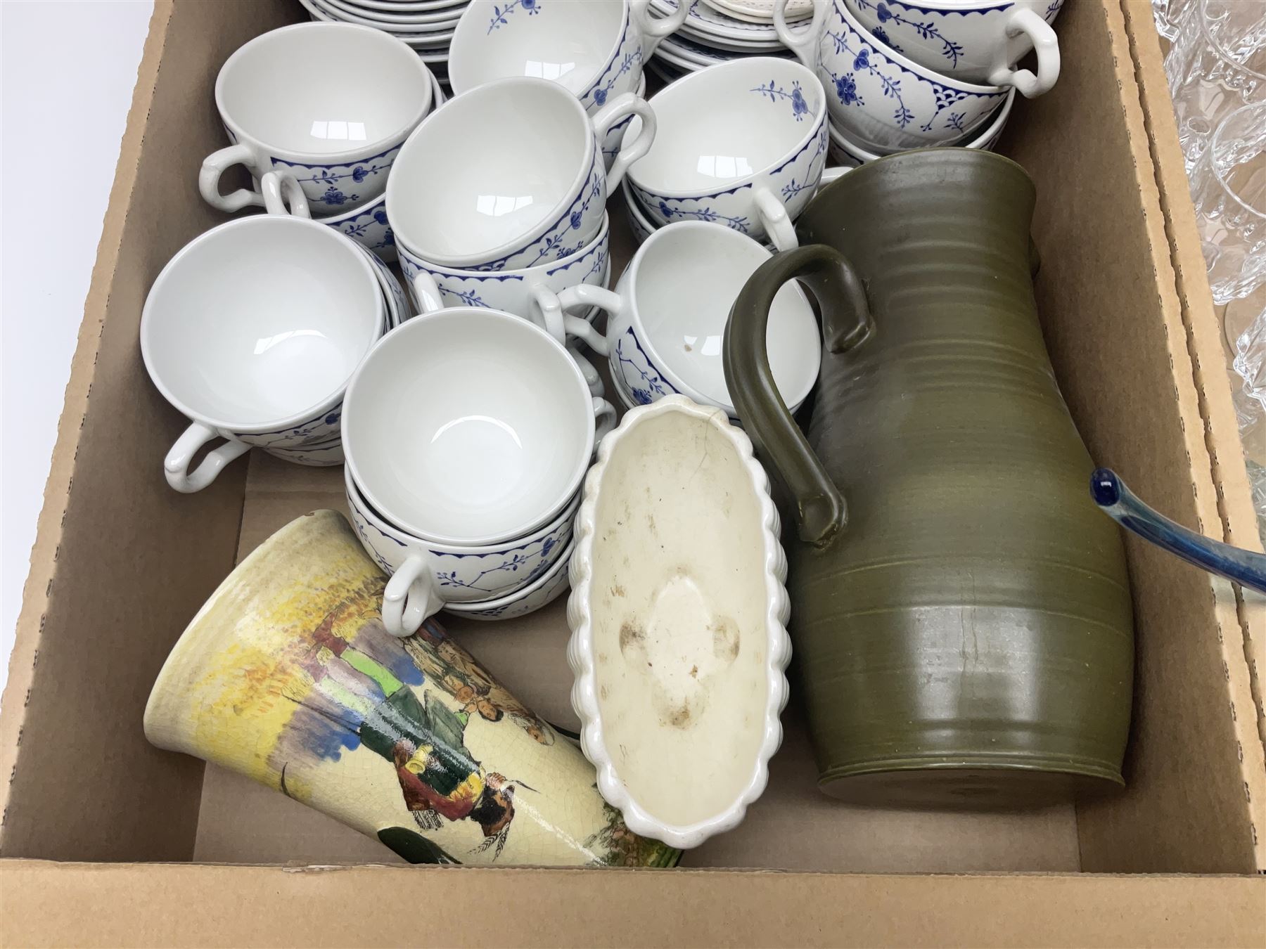 Masons and Furnival Denmark pattern blue and white tea wares, together with a Royal Worcester trinket box, Leedsware bowl and other ceramics and glassware, in four boxes