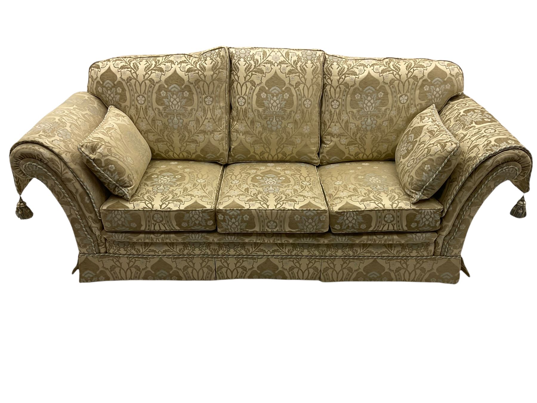 Steed Kedleston three seat sofa, and matching wing back armchair, upholstered in pale gold fabric