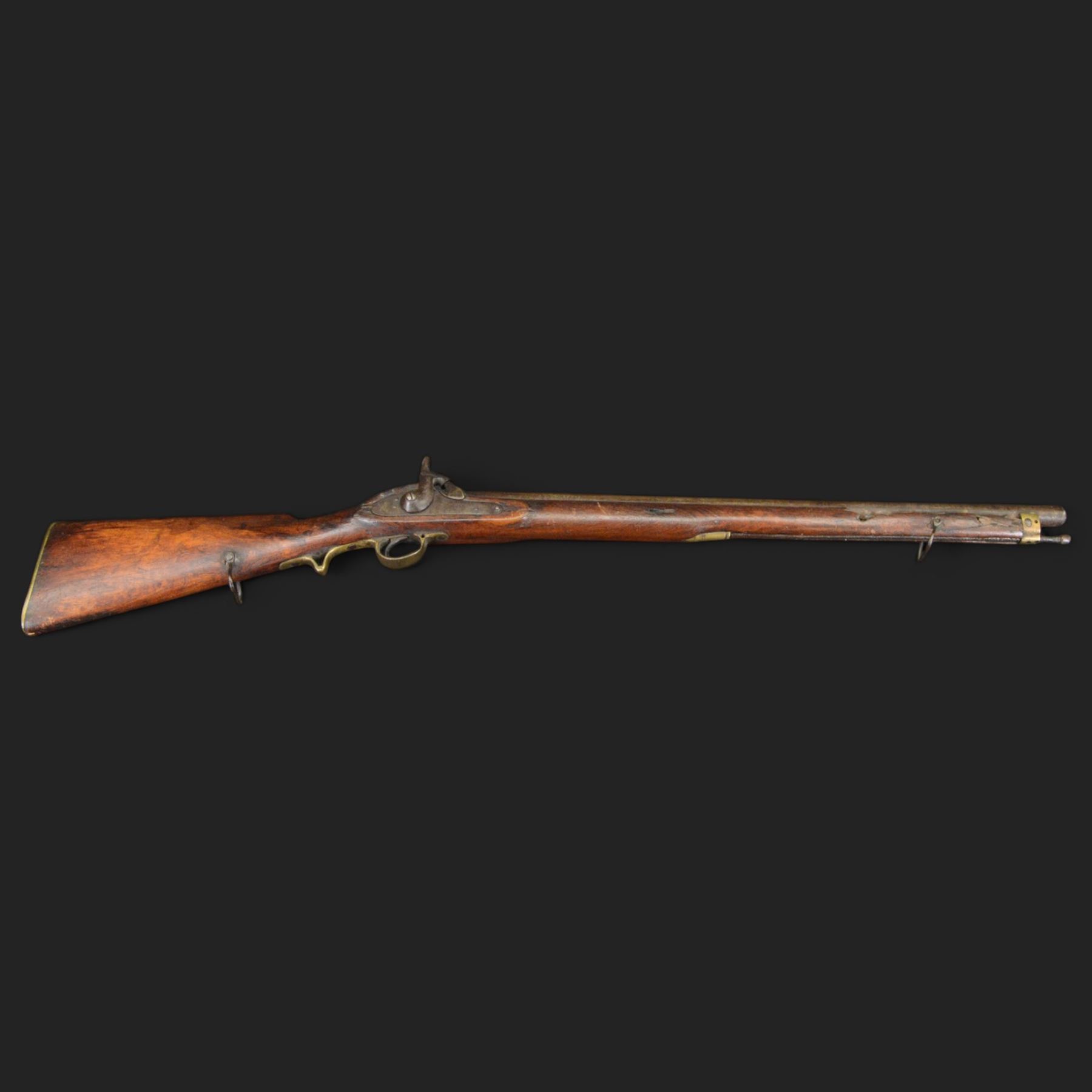 Percussion musket, the 70cm barrel with ramrod under, full walnut stock, with two sling swivels, overall L110cm
Sold as an exempt item under Section 58 (2) of the 1968 Firearms Act, to be held as a curiosity or ornament