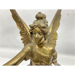After Oswald Schimmelpfennig (German, 1872-1939): Pair of gilt bronze winged Allegorical female figures, the first example with arm outstretched holding a branch, signed 'Schimmelpfennig 1900', the second with arm raised above her head holding a book and sword in the other, both raised upon marble plinths, H45cm