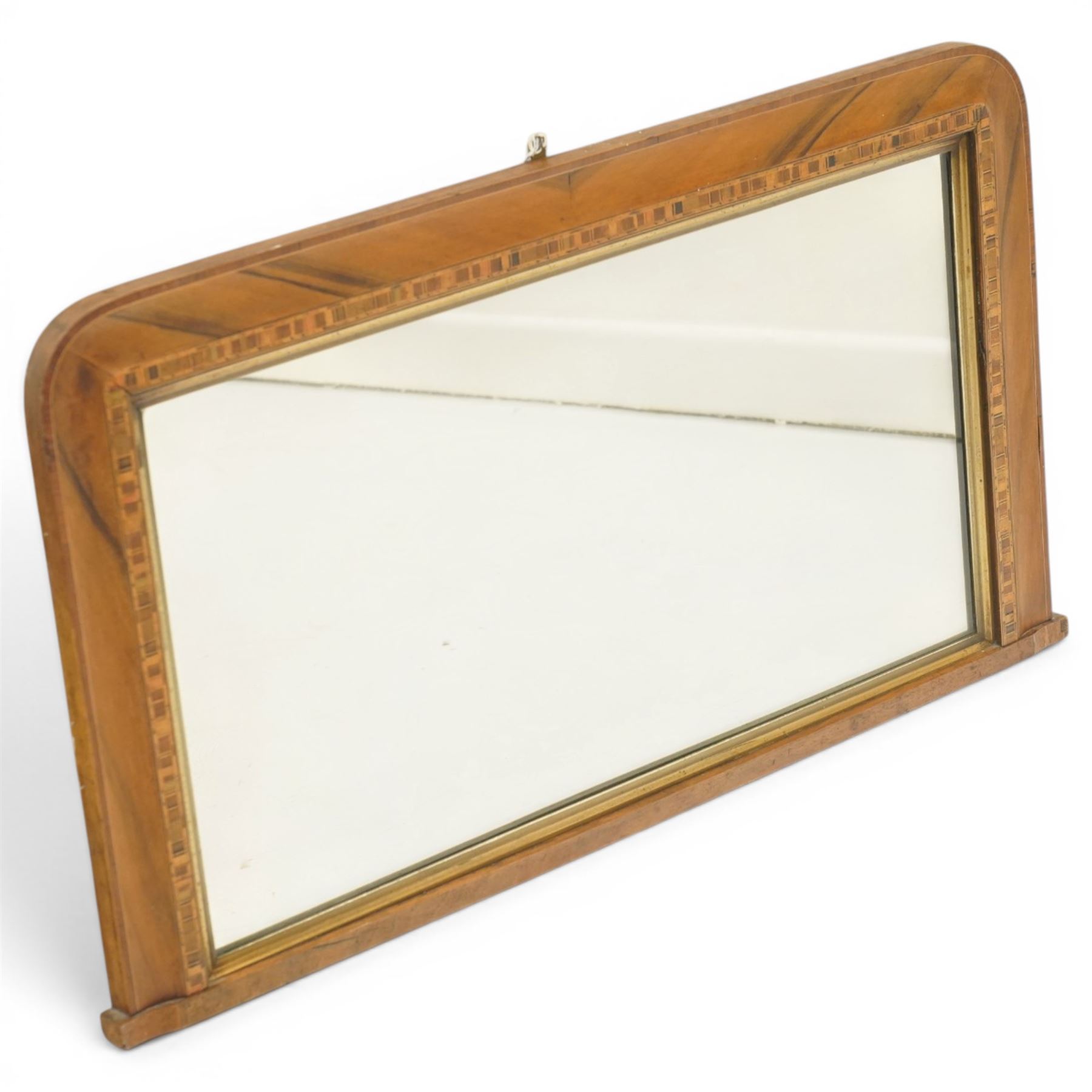 Victorian inlaid walnut Tunbridgeware overmantel mirror, rectangular frame with rounded top corners, the original rectangular plate within a gilt slip, surrounded by Tunbridge ware style inlays