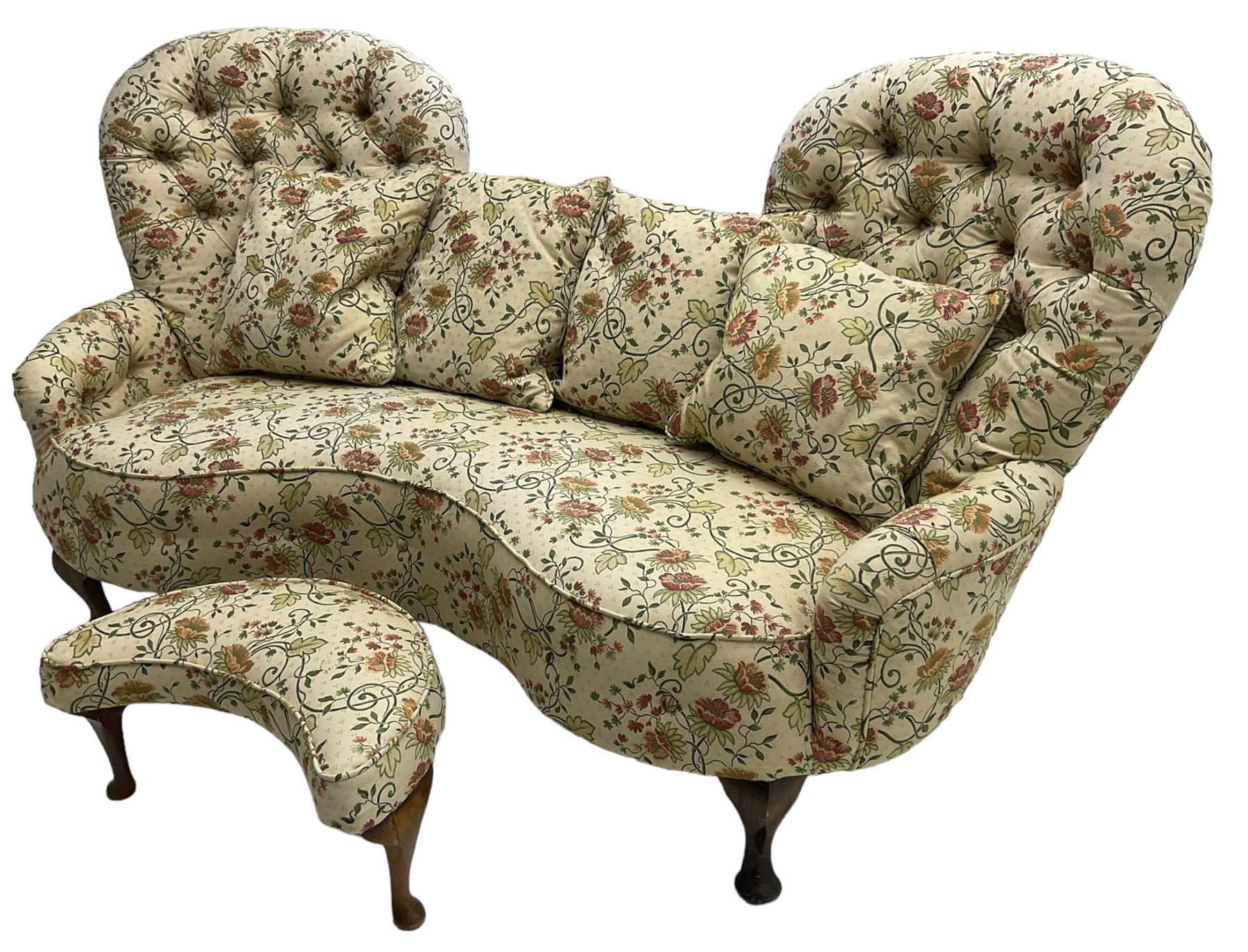 Victorian design hardwood-framed double back settee, upholstered in buttoned floral pattern fabric, curved back over serpentine seat, on cabriole feet, with matching scatter cushions (W182cm, H94cm, D86cm); together with crescent-shaped footstool with cabriole feet (W55cm)