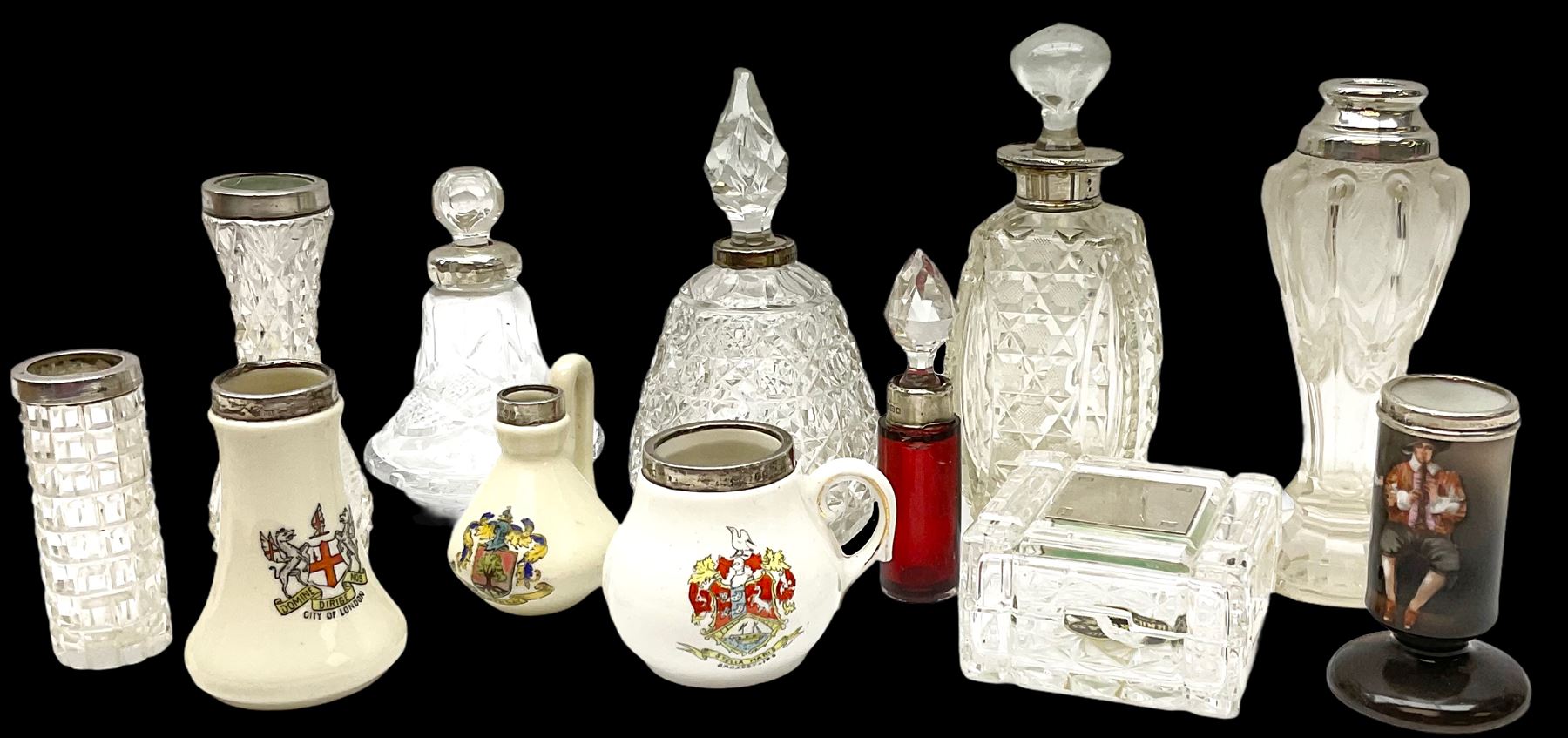 Group of silver mounted glass scent bottles and crested ware, together with a Brierglass lead crystal box with a glass and silver, lid, etc all silver with various hallmarks. 