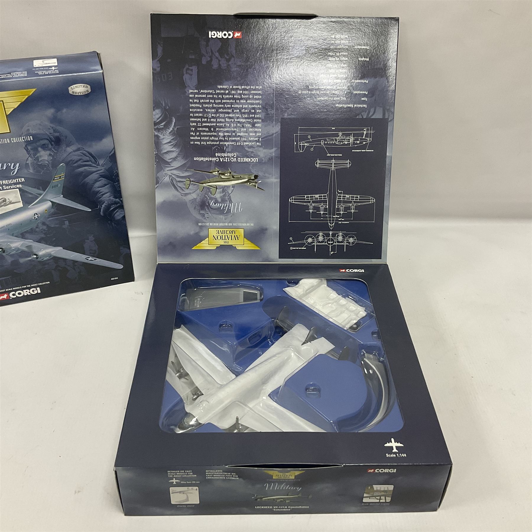 Corgi - Aviation Archive, eight models comprising three ‘Military’ and five ‘Berlin Airlift’ 1:144 scale models, to include limited editions AA31502 Bristol Britannia 312F ‘XX-367’ ‘Team Spirit’ A&AEE Boscombe Down no.686/2500; 48104 Boeing C-97A Stratofreighter Military Air Transport Services no.2815/4000; 47205 Avro York - RAF; 47403 Avro Lancastrian; all boxed (8)