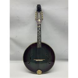 Chinese F-hole eight-string mandolin with sunburst finish, mother-of-pearl inlay of dragons chasing the flaming pearl and dragon carved headstock L71cm