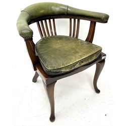 Early 20th century desk chair, shaped arm rail upholstered in studded leather, cabriole legs with loose cushion