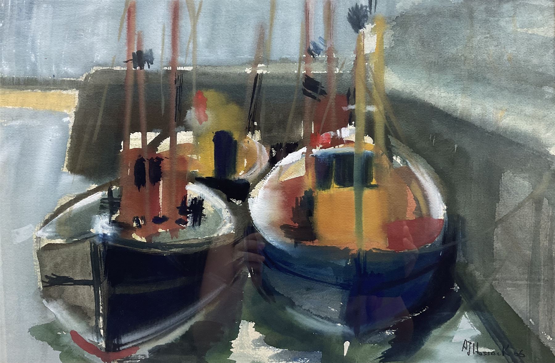 A J Hossack (British 20th Century): Moored Boats, gouache signed and dated '66, 34cm x 53cm  
