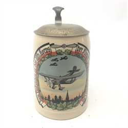  German presentation Beer stein, printed with a study of a Bi-plane, hinged cover engraved UFFZ Jacob, H16cm   