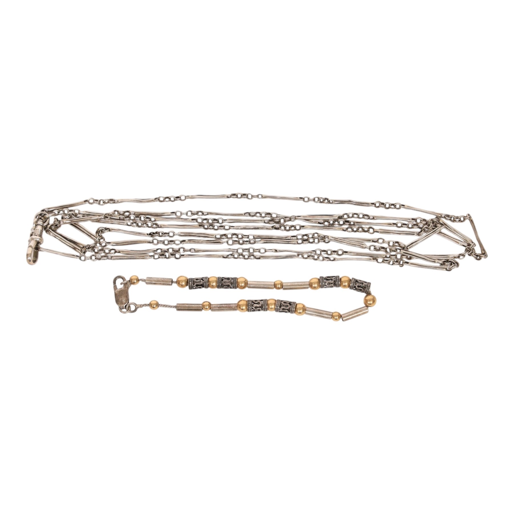 Gold plated bloodstone fob seal, hardstone beaded necklace with 9ct gold clasp, silver necklace and silver bracelet