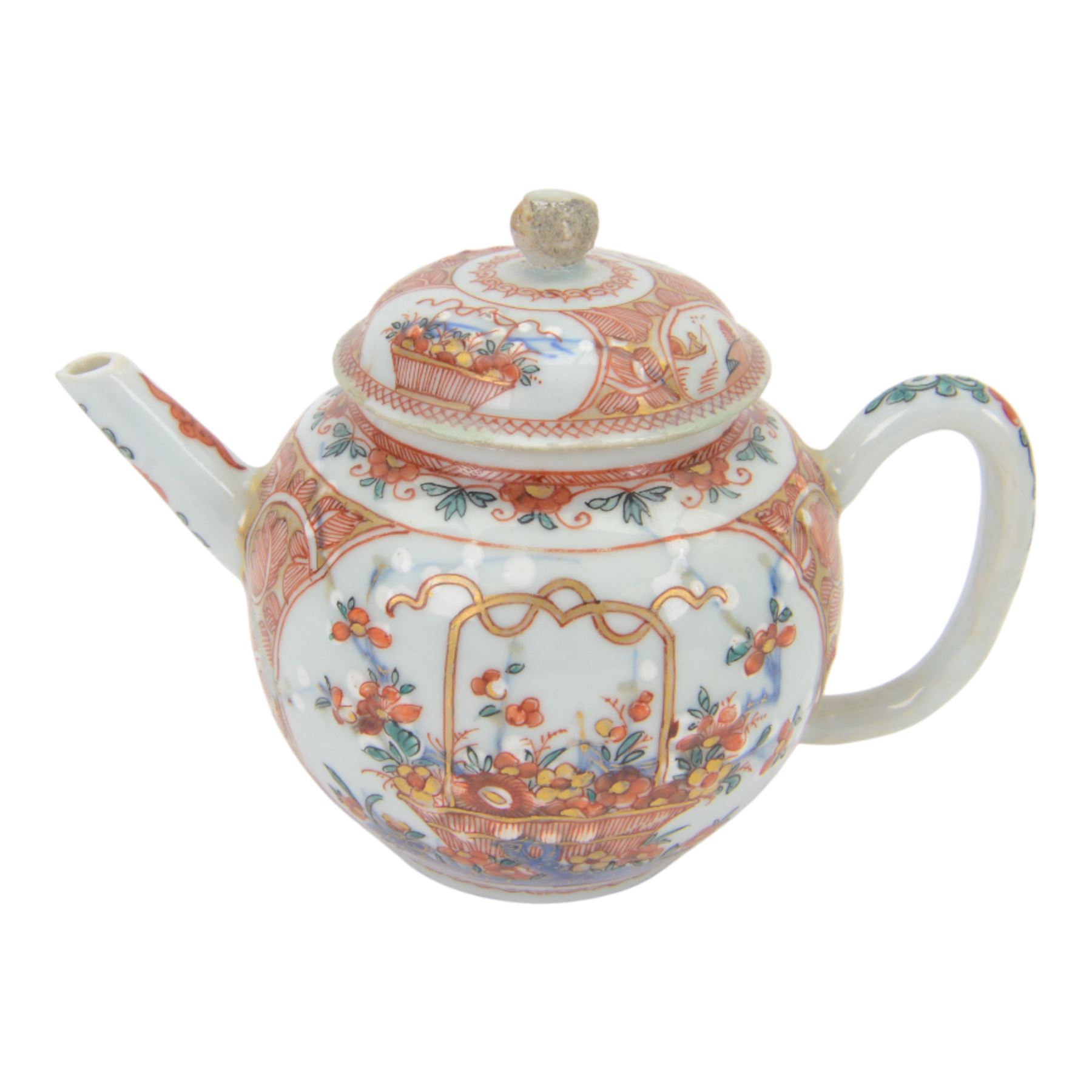 Amsterdam bont teapot, decorated with a basket of flowers, together with two Amsterdam bont saucers of similar design and five other saucers  