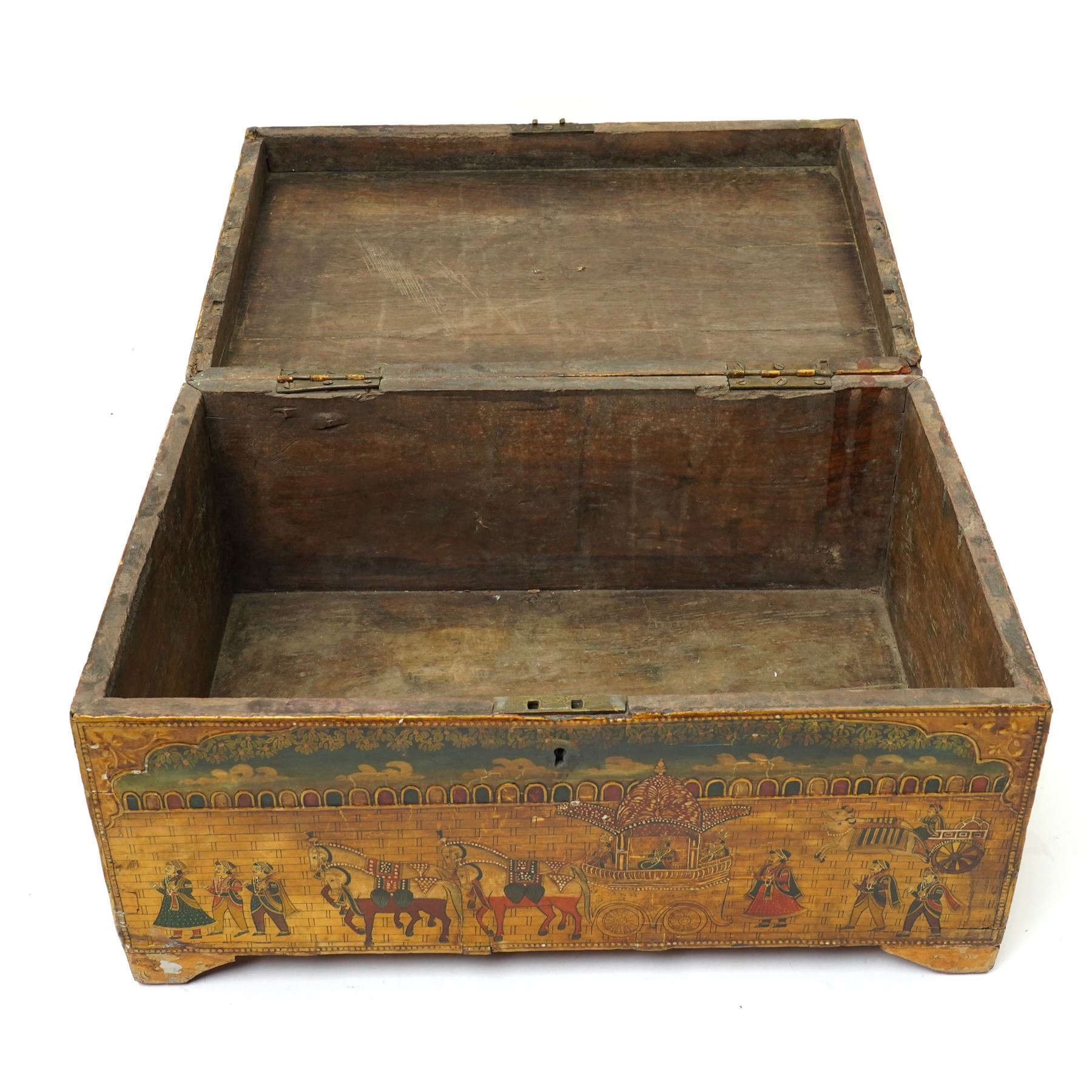 Indian box, painted with figures outside a palace gate, and with various animals 