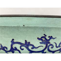 18th/19th century Chinese Canton enamel basin, the circular basin with flat everted rim, decorated with scrolling foliate and fruit decoration on a blue ground, D43cm