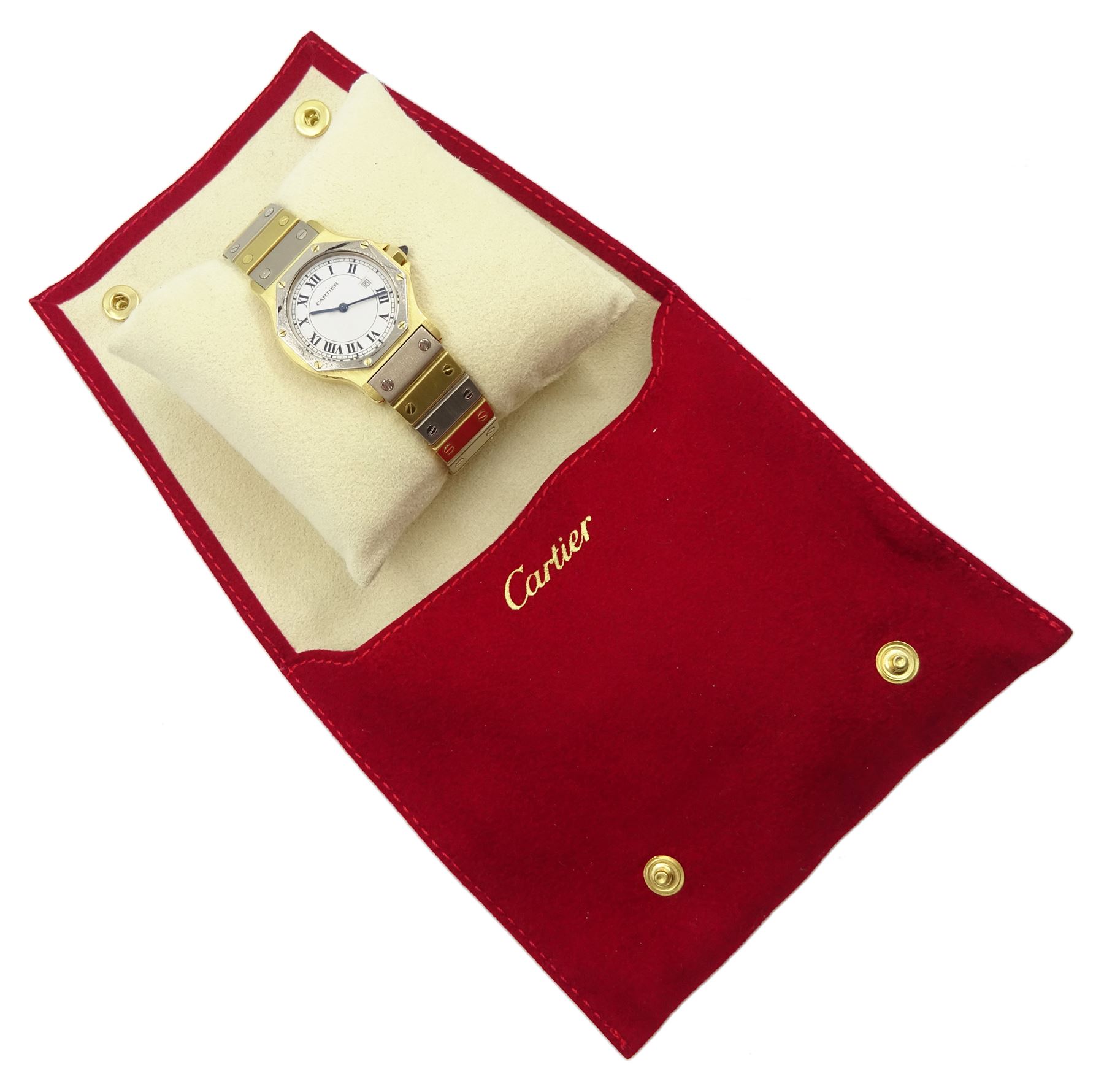 Cartier Santos ladies 18ct white and yellow gold automatic wristwatch, hexagonal case, white dial with date aperture and sapphire crown, on 18ct gold bracelet, hallmarked, with gold-over clasp, with red pouch