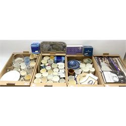 A large collection of commemorative ware, including Wedgewood Jasperware plates and trinket box for Royal silver jubilee, Shelley teacup and saucer for Edward VIII coronation, Bisto cups and saucers for George V and Queen Mary's coronation in 1911, loving cup, 1937 Coronation basket, thimbles, magazines and new cuttings etc. 
