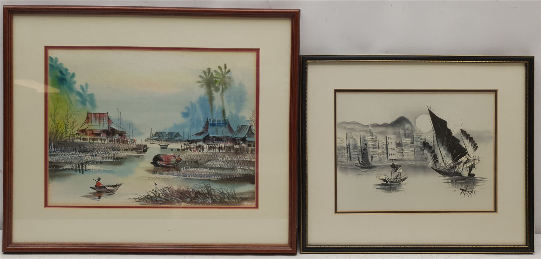 Thomas Mak Kon Yin (Chinese 1945-): Junks Sailing off Chinese Coast, black and white oil on canvas signed together with Paryoot (Indonesian contemporary): Village with Houses on Stilts, watercolour signed max 28cm x 37cm (2)
