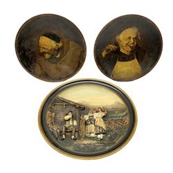 Two oil painted chargers decorated with joyful gentleman, both signed W Stanley, together with a Musterschutz charger decorated in high relief
