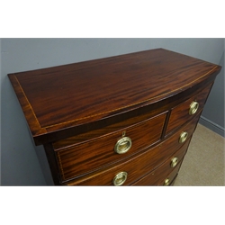  Early 19th century inlaid mahogany bow fronted chest, two short and three long drawers, brass plate handles, bracket feet, W101cm, H122cm, D50cm  