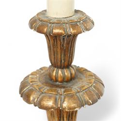 Late 20th century gilt wood standard lamp, turned and reeded column on lappet carved circular base 