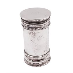Late 19th century Dutch nutmeg grater, of plain cylindrical form with beaded rim, each end with removable silver covers with a grater to one side, with fish/dolphin mark for below 833 standard, H4.8cm