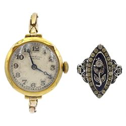9ct gold ladies manual wind wristwatch on expanding 9ct gold strap and a silver and gold enamel and paste sweetheart ring 
