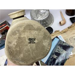 Quantity of vintage tins including OXO Cubes, Marmite Cubes, Thornes premier toffee, together with stone hot water bottle, ephemera etc, in two boxes 