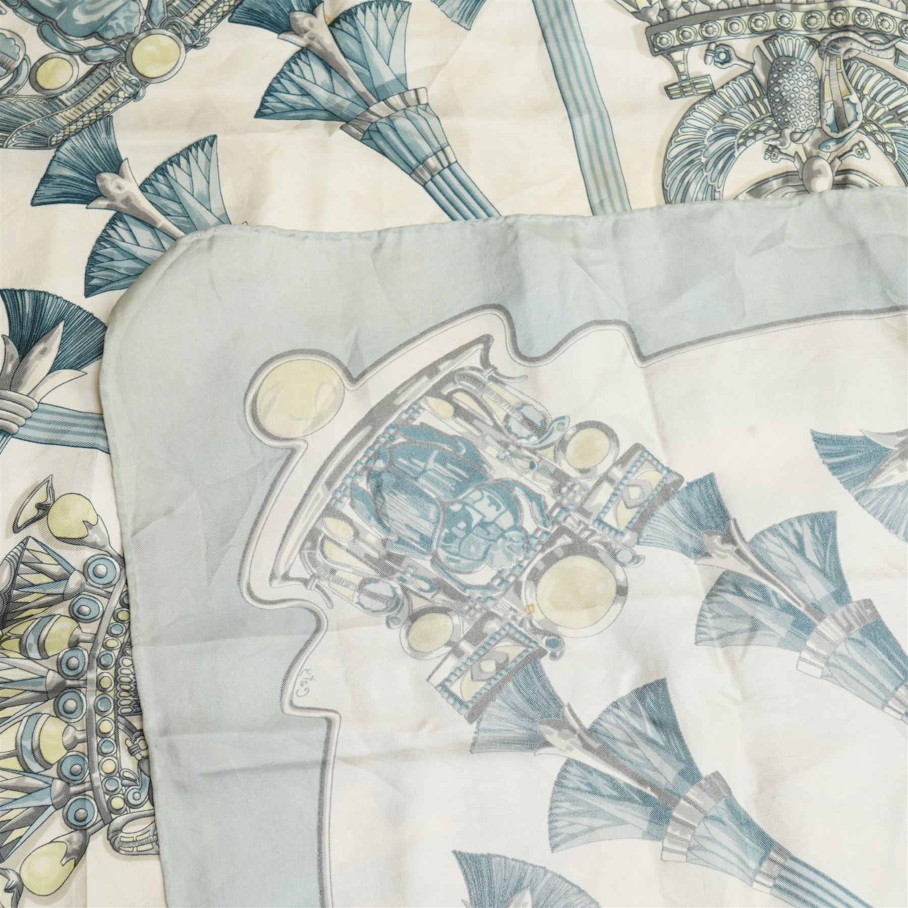 Hermes 'Egypte' silk scarf in blue and grey colourway, designed by Cathy Latham, 86cm x 90cm 