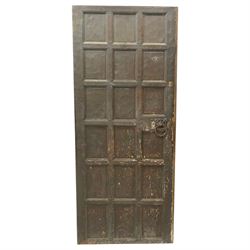 Mouseman - 1940s panelled and adzed oak front door with frame, iron rope twist handles, with carved mouse signature, by Robert Thompson of Kilburn 