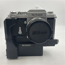 Nikon F NKJ plain prism camera body, serial no. 6520477, with 'Nikon NIKKOR-S Auto 1:2.8 f=35mm' lens, serial no. 344731, Nikon F36 Motor Drive NKJ, serial no. 122780 and Nikon cordless battery pack