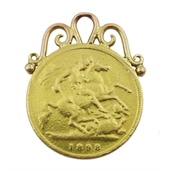 1898 gold half sovereign, with engraved initials and soldered gold mount