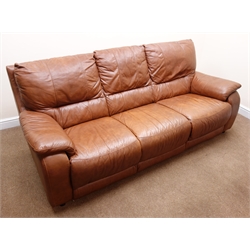  Three seat sofa, upholstered in chocolate brown leather, W215cm  