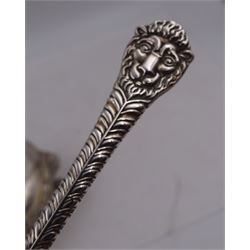 Early 20th century silver open sucrier, of circular form, with fluted gadrooned rim and decorated in relief with floral swags, united by three lion mask mounts and upon three paw feet, hallmarked Z Barraclough & Sons, London 1912, H6cm, D11cm, with similar spoon with lion mask finial, hallmarked London 1912, maker's mark indistinct