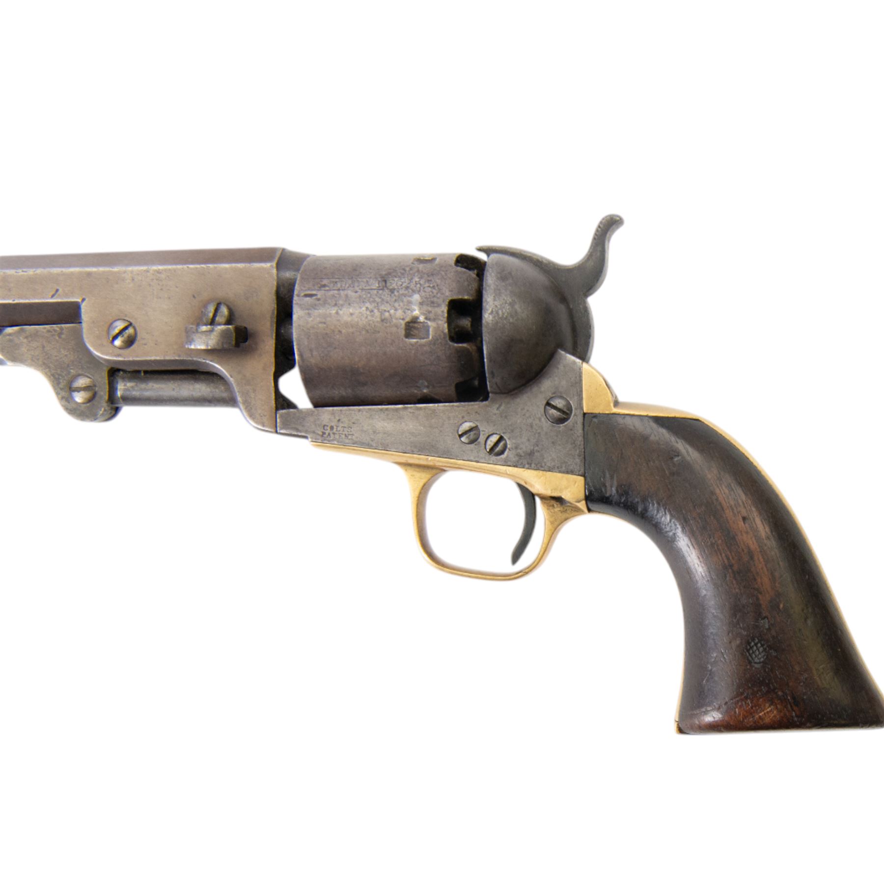 Colt .36 navy percussion revolver, with octagonal 7 1/2in. barrel top flat marked Address Col Samd Colt New York US America, frame stamped `Colts Patent' matching serial numbers, 112625, iron frame marked Colts Patent, brass grip-straps and trigger guard, smooth flared walnut grip, overall L33cm