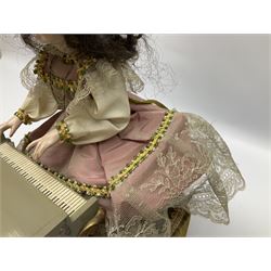 20th century Swiss Reuge Sainte Croix automaton, modelled as a young girl in pink and cream lace trimmed gown seated at a piano poised to perform, the doll with bisque head and composition hands moving with the music to simulate playing the piano, upon a sage green velvet covered plinth, of square form with canted corners and wind up key to back, and four turned feet, with label beneath detailed 'Reuge Music Sainte Croix Switzerland, Eine kleine Nachtmusik - Allegro W. A. Mozart , Minuet - Don Juan W. A. Mozart', overall approximately H34cm base W20cm D20cm
