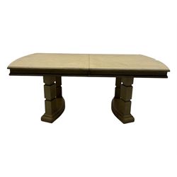 Brunswick - washed oak finish extending dining table, rectangular top with curved ends and carved frieze, central extension leaf, raised on twin pedestals with arched plinth bases and square-sectioned column supports; set of eight (6+2) high-back dining chairs upholstered in beige velvet fabric