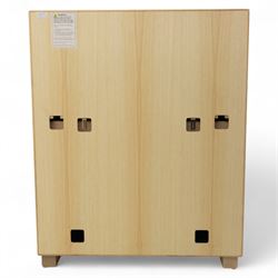 Ercol - light elm bureau, fitted with fall-front writing surface revealing adjustable shelving, above a single long drawer and twin cupboard doors, on plinth base