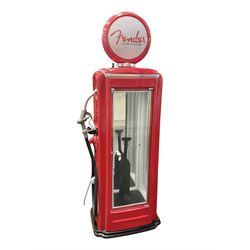 Roadside Relics Fender Custom Shop guitar display case, modelled as an American petrol pump, with a circular two-tone Fender logo light upon the pillar box red cabinet, three sides with glazed panels and chrome detailing, one etched with Fender logo, the interior with removable guitar stand, height including light 184cm